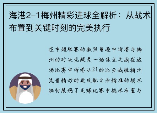 海港2-1梅州精彩进球全解析:从战术布置到关键时刻的完美执行 海港2-1梅州精彩进球全解析:从战术布置到关键时刻的完美执行